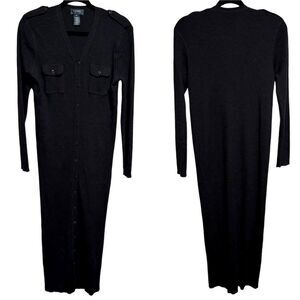 LRL- 100% Merino Wool Charcoal Grey Ribbed Button Front Maxi Dress, Size Medium